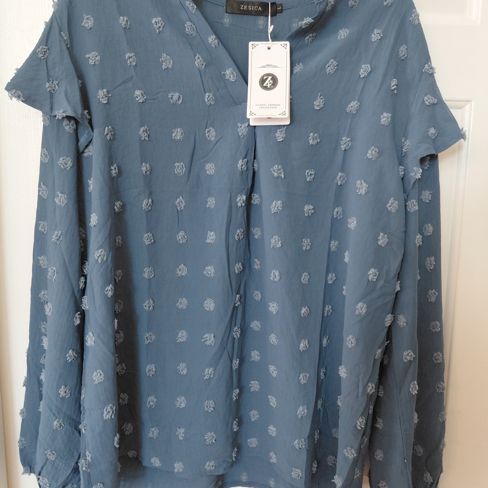 Zesica Blue Textured V-Neck Blouse